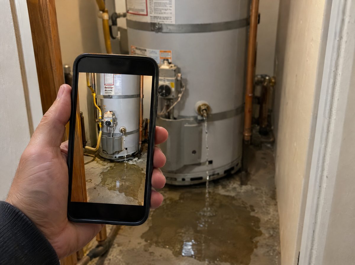 A resident taking a phone photo of a leaking water heater