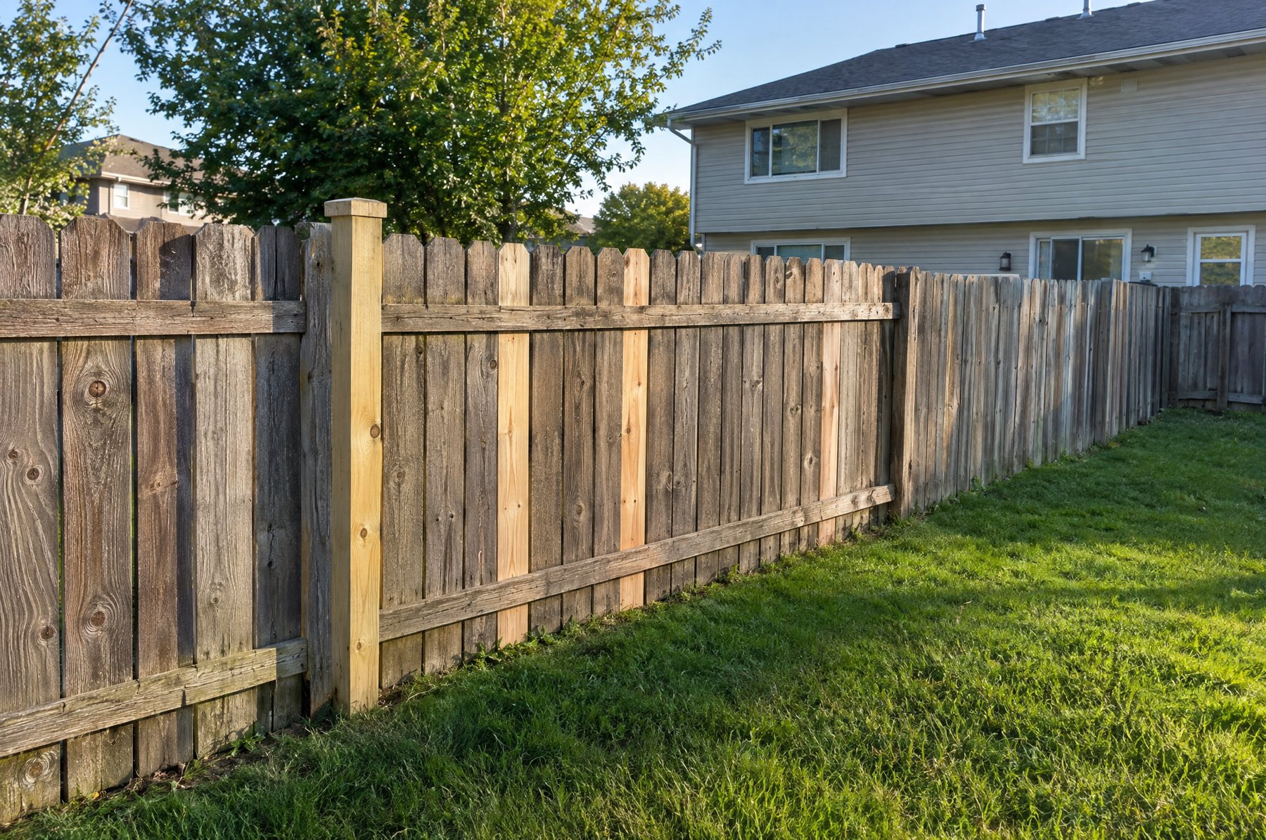 The same kind of fence standing again with a new post