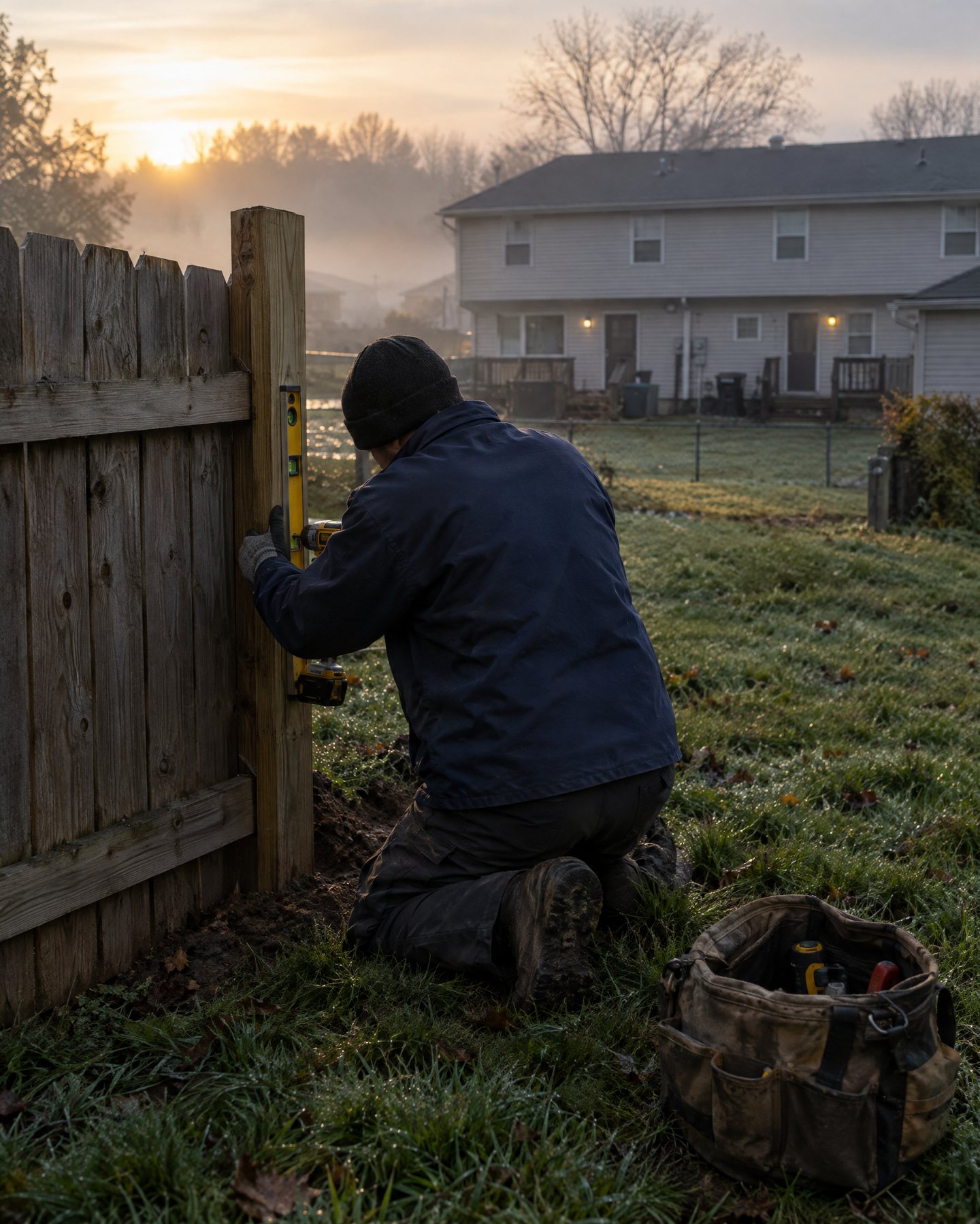 A maintenance tech resetting a fence post at sunrise