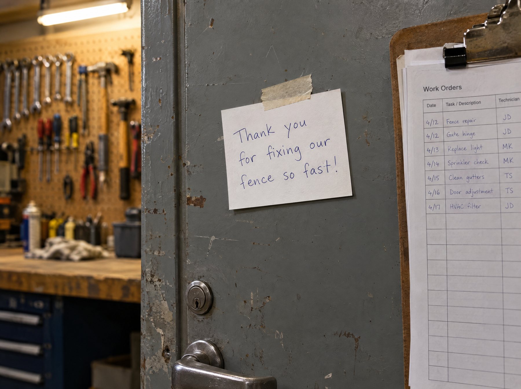 A handwritten thank-you note taped to a maintenance shop door