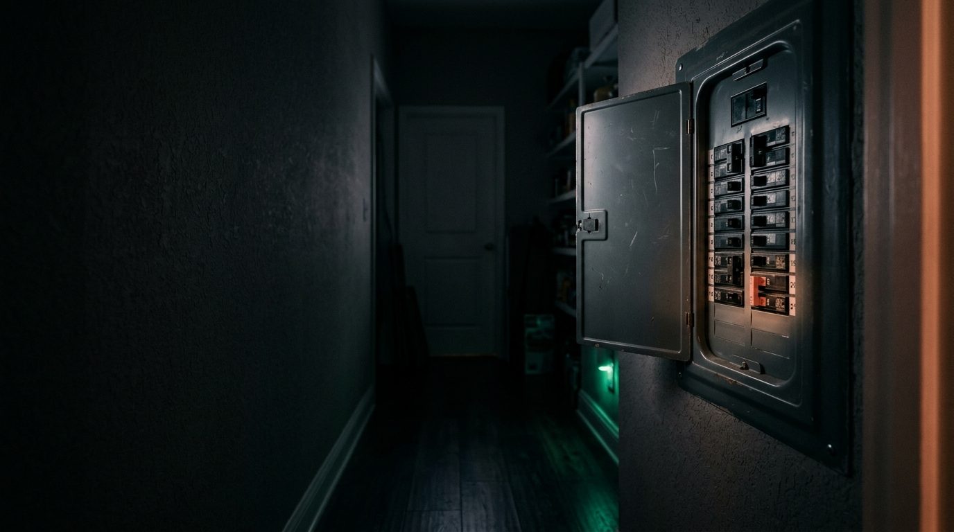 A breaker panel with its door open in a dark hallway, one breaker off