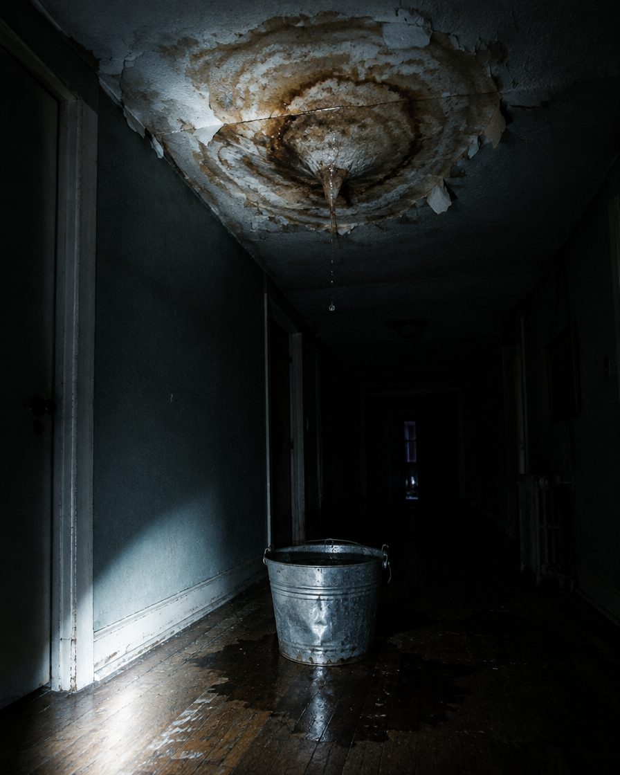 A sagging ceiling in a dark hallway with a brown water stain