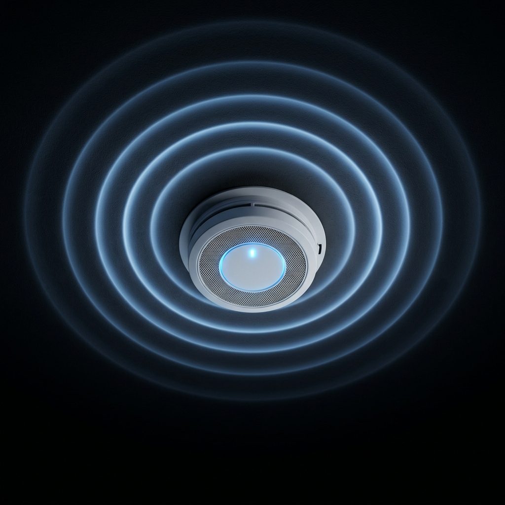 A smoke and CO alarm on a dark ceiling, its light glowing