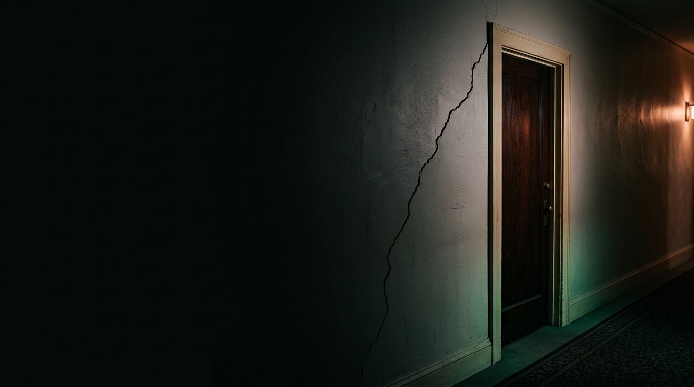 A diagonal crack running up a hallway wall from a door frame