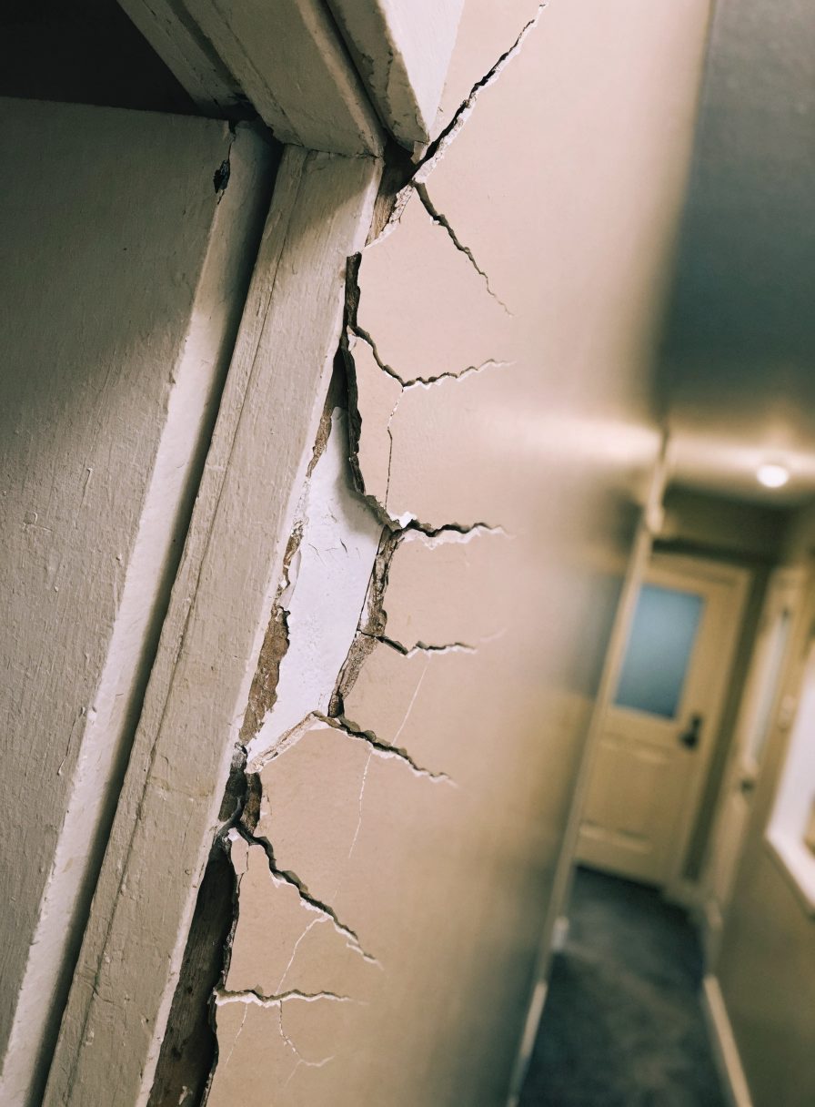 A crack running diagonally from the corner of a door frame
