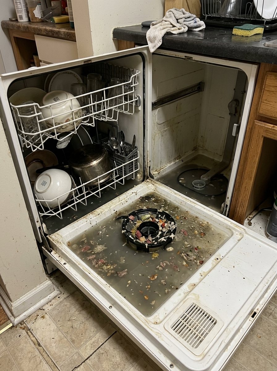 Phone photo of an open dishwasher with dirty water standing in the door and tub