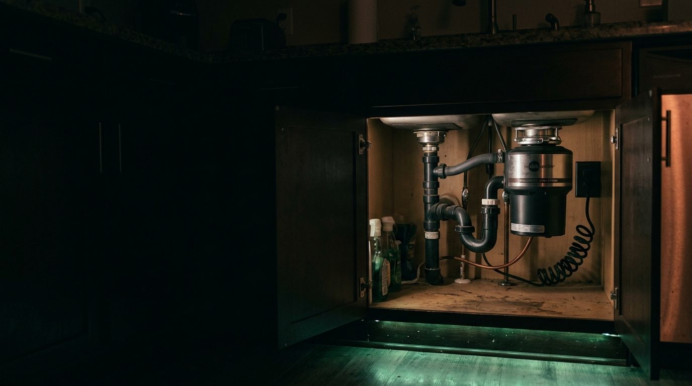 An open under-sink cabinet with a garbage disposal