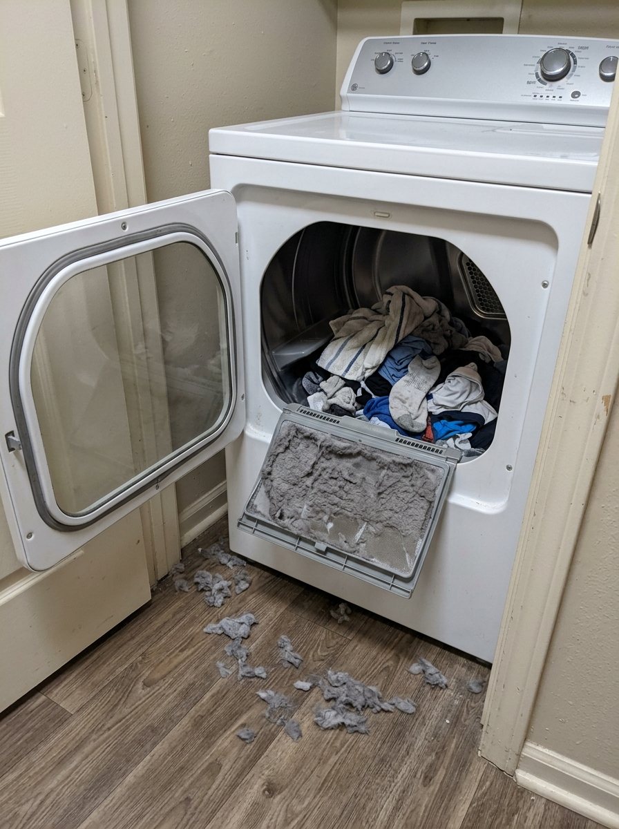 Phone photo of a dryer with its lint screen packed with lint and lint on the floor