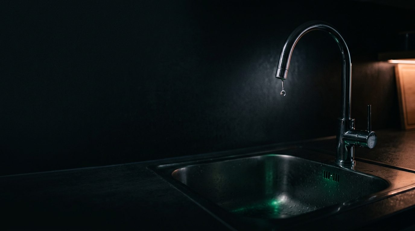 A kitchen faucet with a water drop falling into the sink