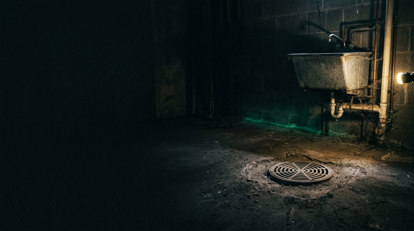 A basement floor drain with water around it