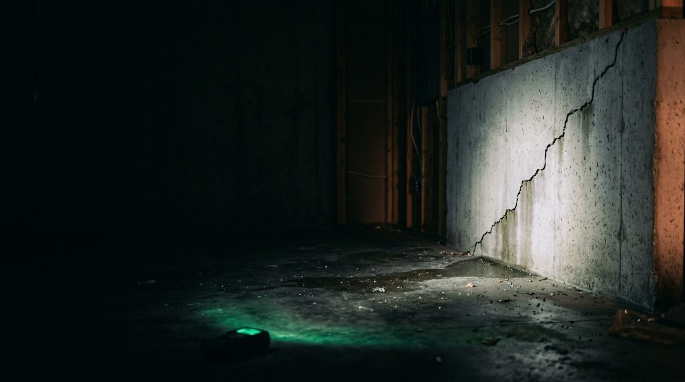 A stair-step crack in a basement foundation wall, lit by a flashlight