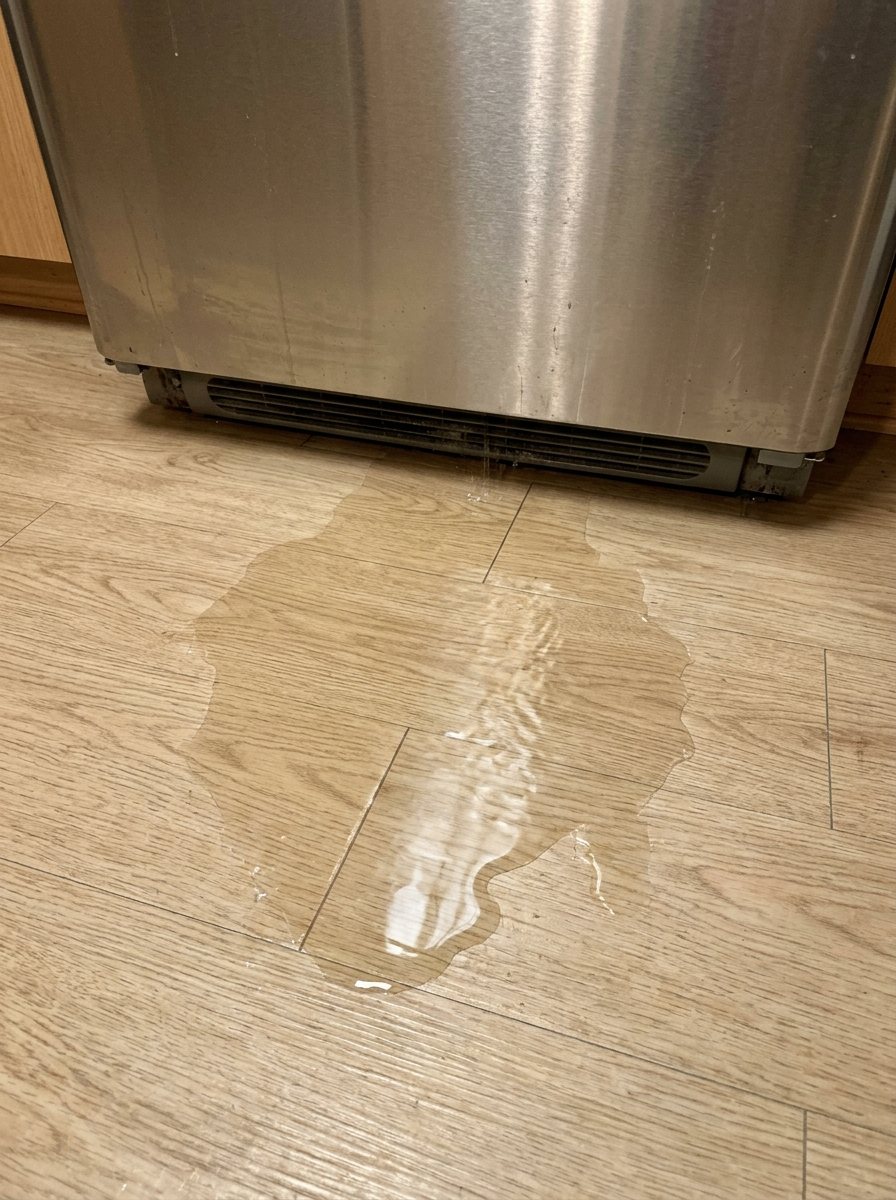 Phone photo of a puddle of water spreading across the floor in front of a refrigerator