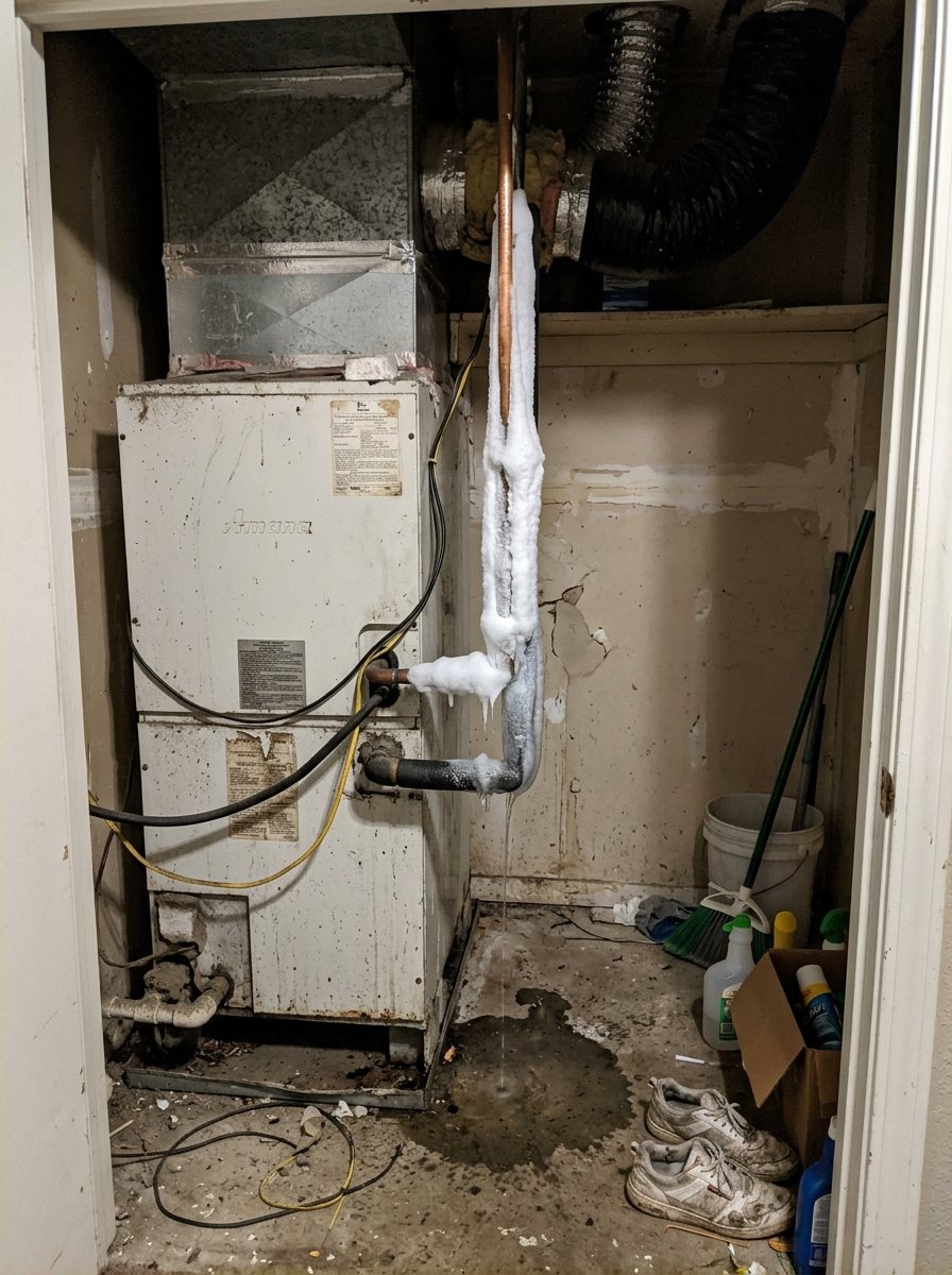 Phone photo of an air handler in a closet, the copper line covered in ice and water on the floor
