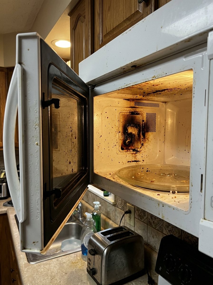 Phone photo inside a microwave with a black burn mark on the side wall