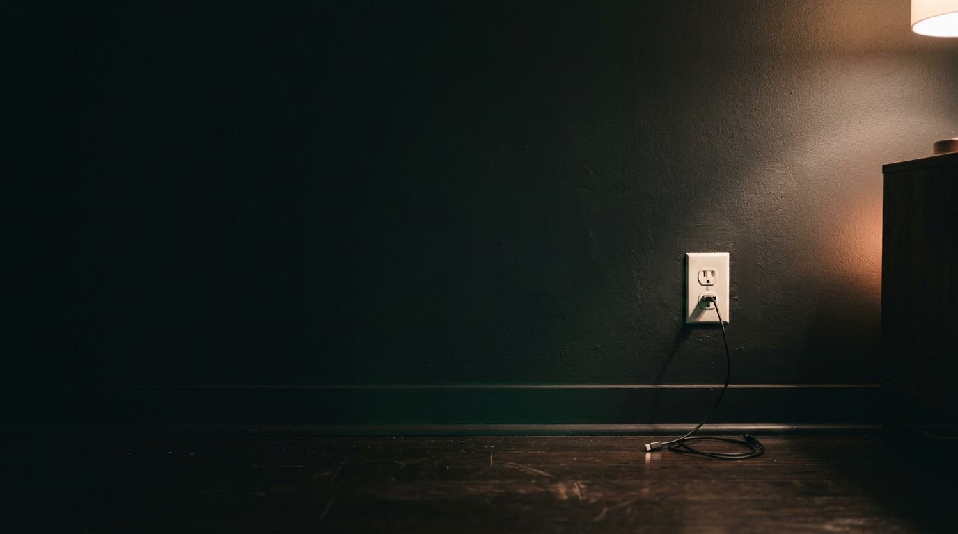 A wall outlet low on a dark wall, a charger cord on the floor