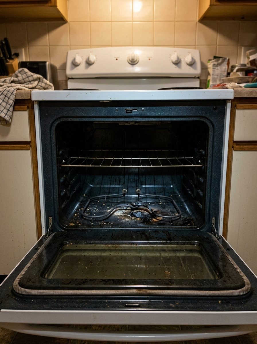 Phone photo inside an electric oven, the bottom element split and burnt