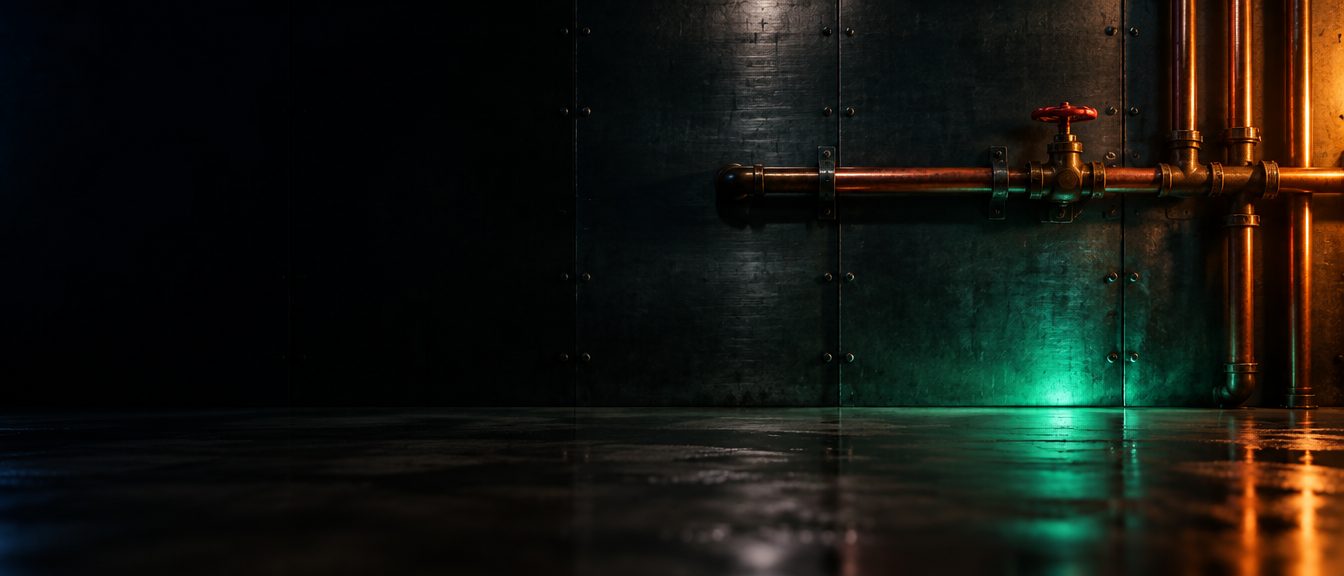 Copper water pipes and a red shut-off valve along a dark wall