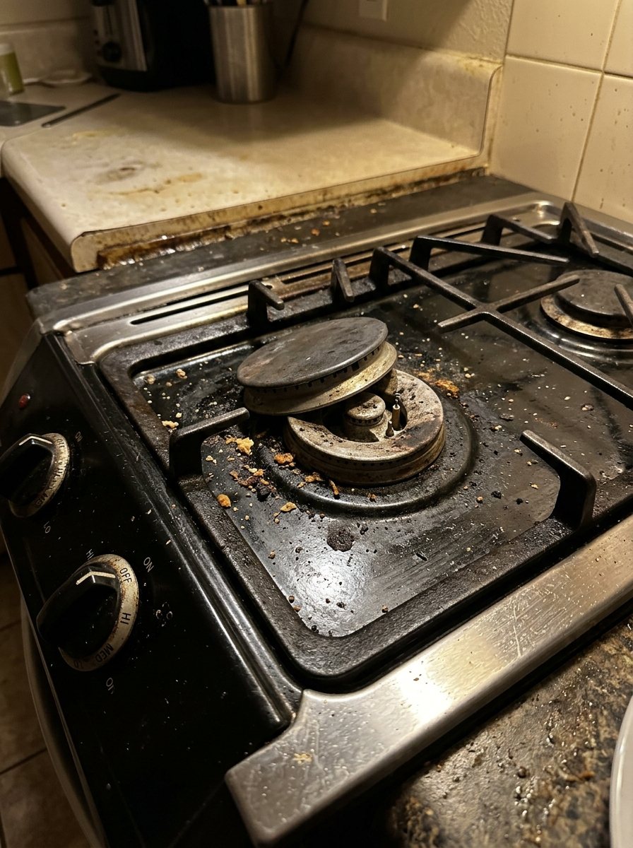 Phone photo of a gas cooktop with one burner cap sitting crooked