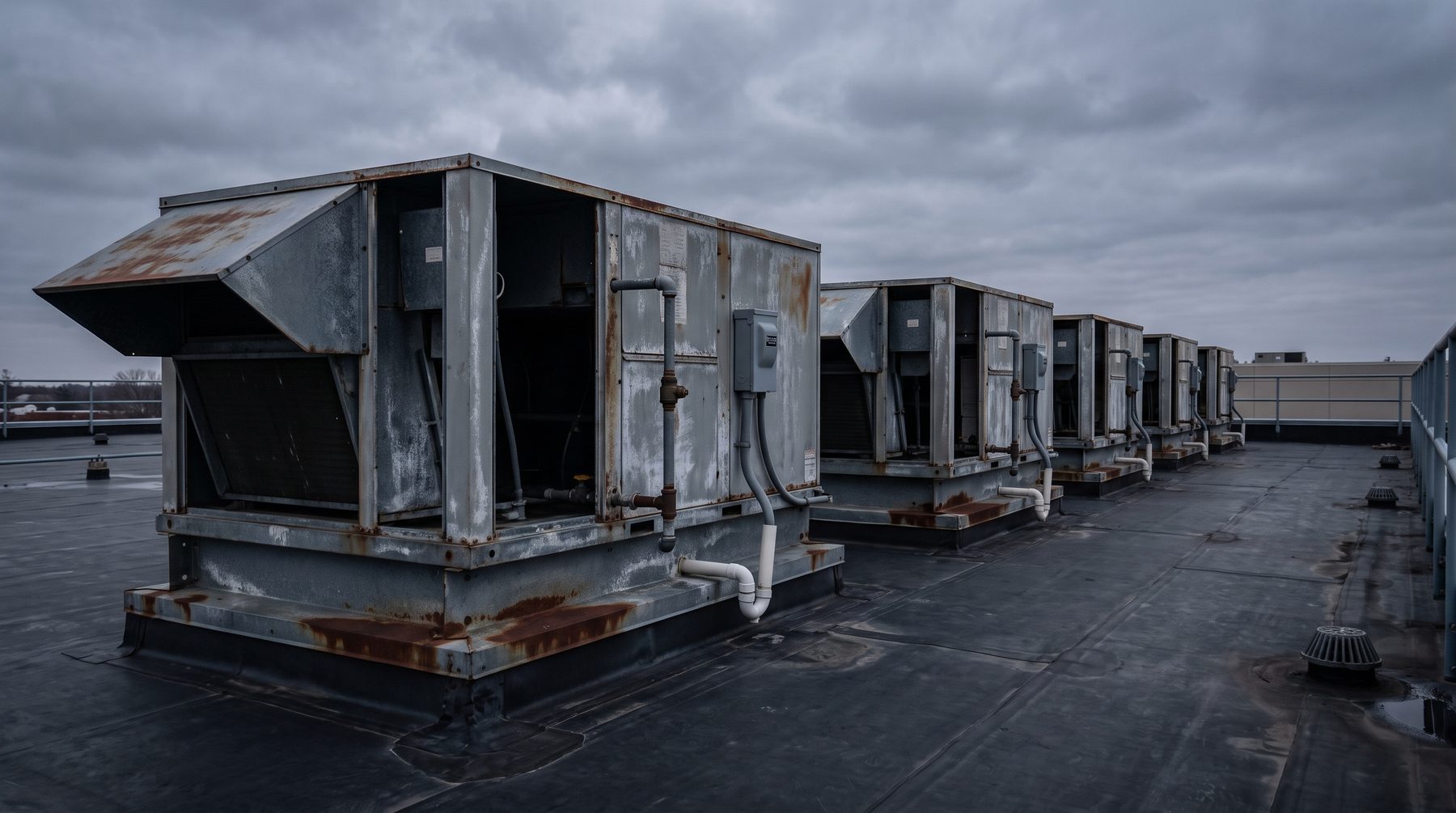 A row of rooftop units on a flat commercial roof at dusk