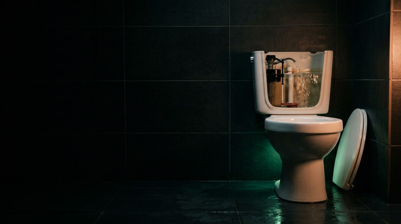 A toilet with its tank lid off in a dark bathroom