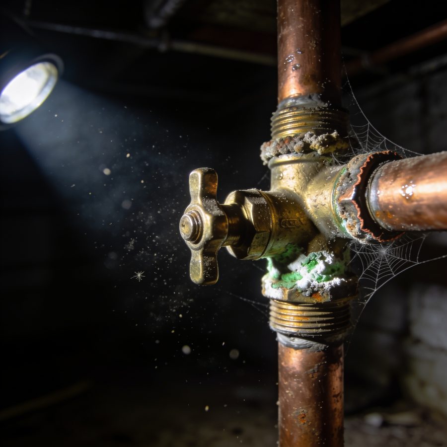 A corroded shut-off valve on a copper pipe in a dark basement