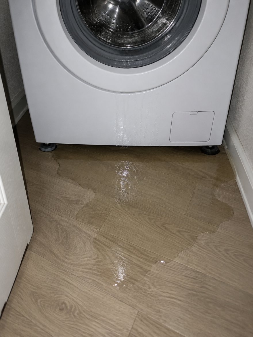Phone photo of a front-load washer with water spreading across the floor in front of it