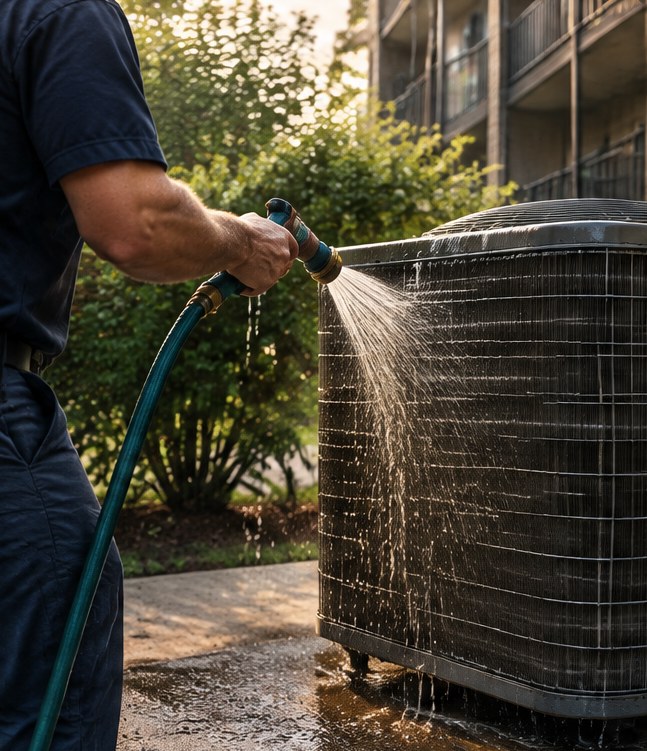 A technician rinsing the coil of an outdoor unit with a hose on a spring morning