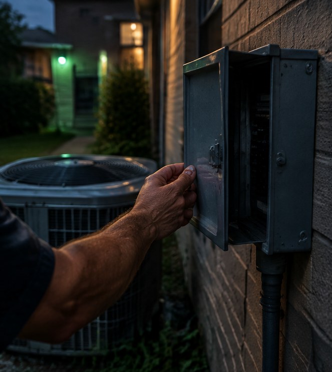 A hand opening the disconnect box on the wall beside an outdoor AC unit