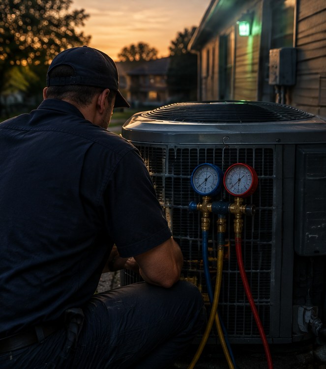 An HVAC technician with gauges connected to an outdoor unit