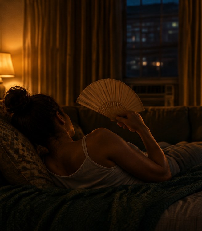 A resident fanning herself on a sofa in a hot apartment at night