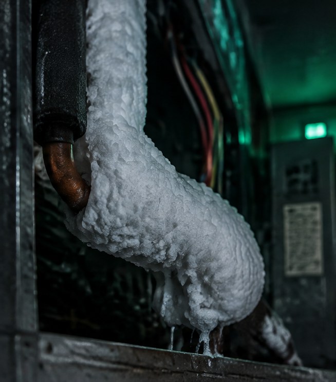 Thick white ice on the copper line at an indoor unit