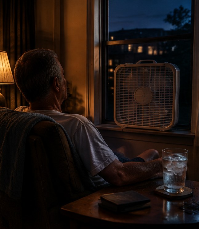 An older man sitting by a box fan at an open window on a hot night