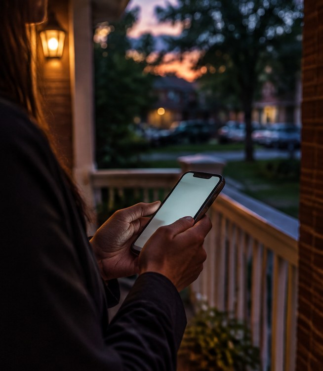 A manager on a front porch on a summer evening, typing a reply on a phone