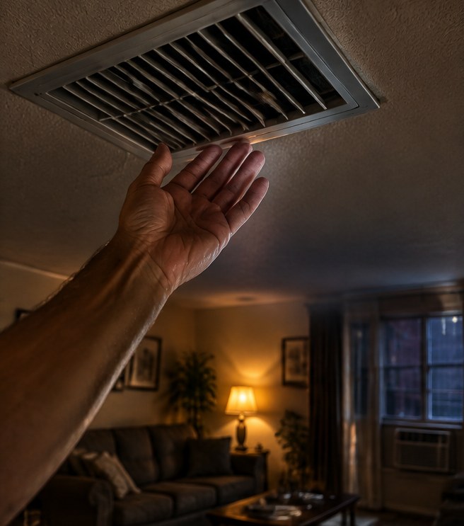 A hand held up to a ceiling vent in a hot living room