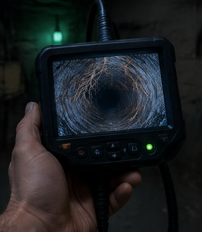 A camera monitor showing tree roots inside a sewer pipe
