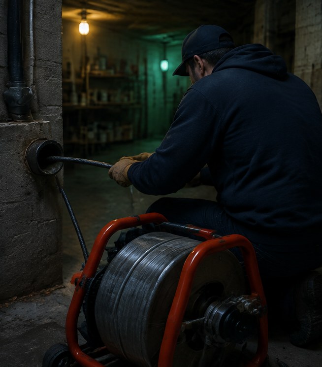 A plumber feeding a drain machine cable into a cleanout in a basement