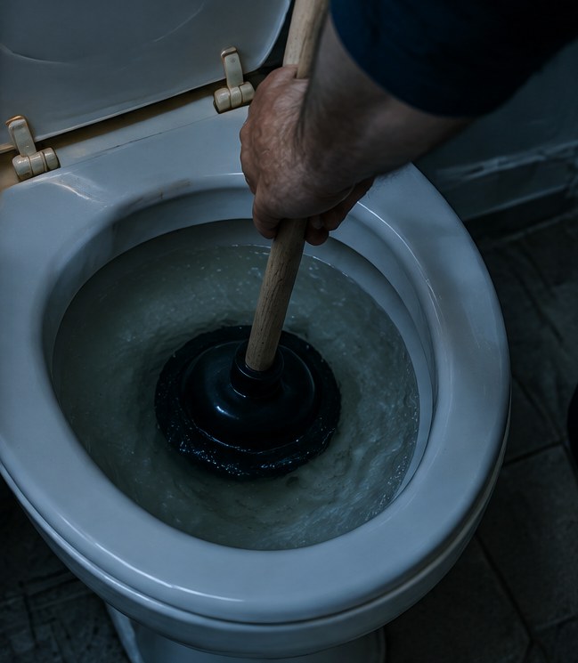 A hand pressing a flange plunger into a toilet bowl