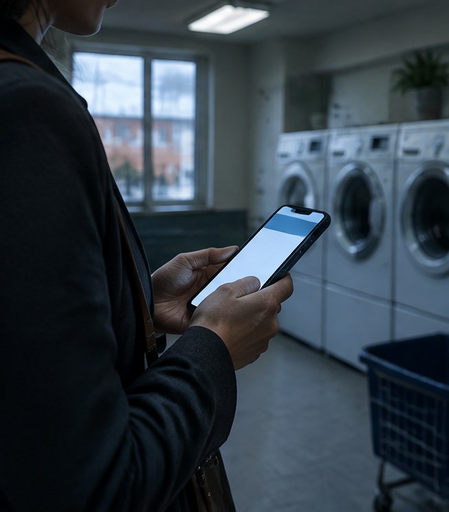A manager in a building laundry room in the morning, typing a reply on a phone