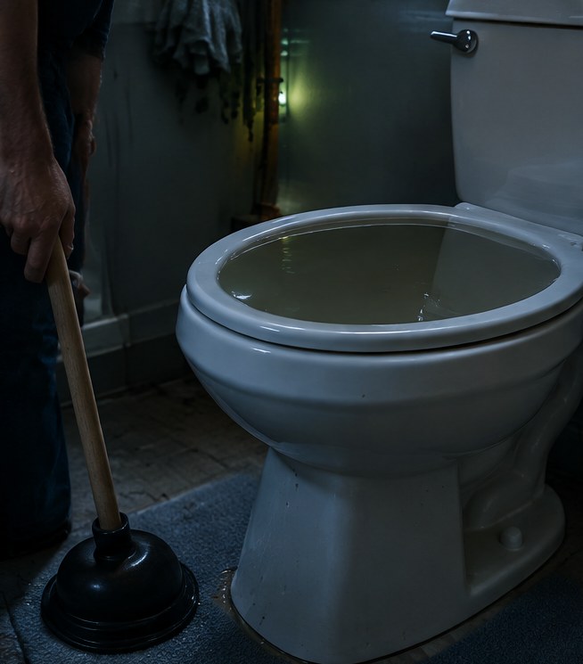 A toilet with water close to the rim, a plunger held to the side