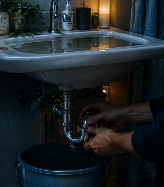Hands taking apart the trap under a sink full of water
