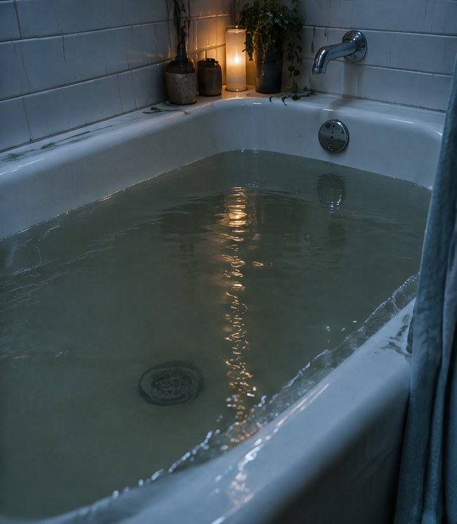 Murky water rising up out of a bathtub drain