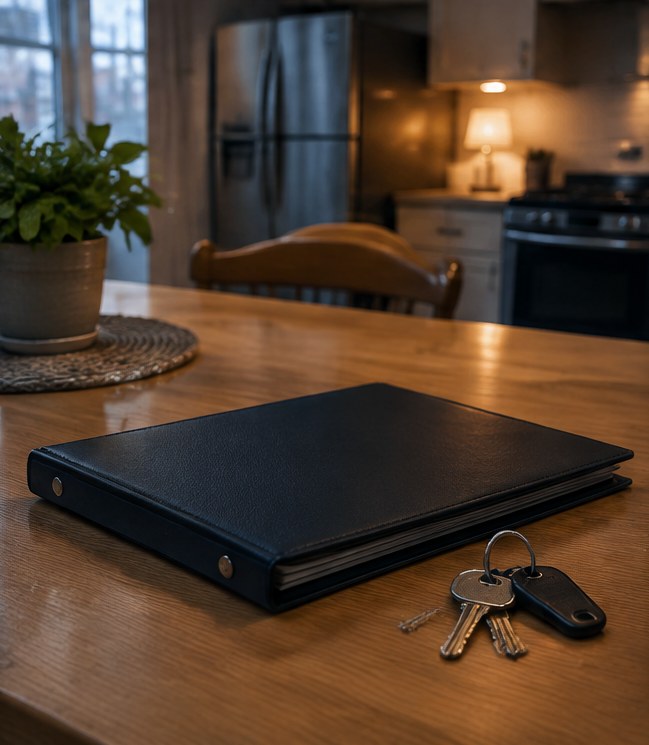 A welcome binder and keys on a kitchen table in a newly rented apartment