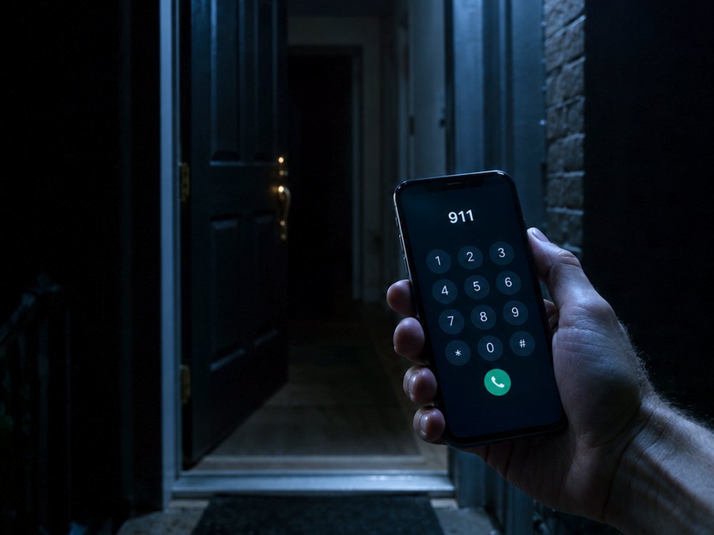 Outside an open front door at night, a hand holding a phone with 911 dialled