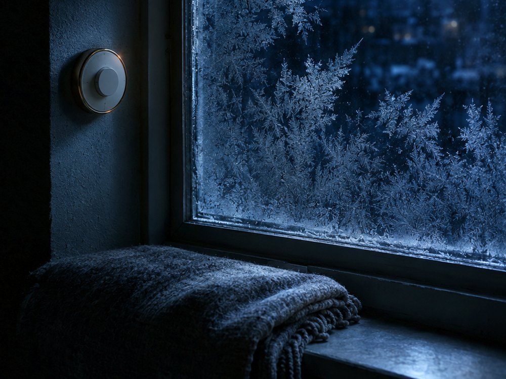 A frosted apartment window at night, a thermostat on the wall and a folded blanket on the sill.