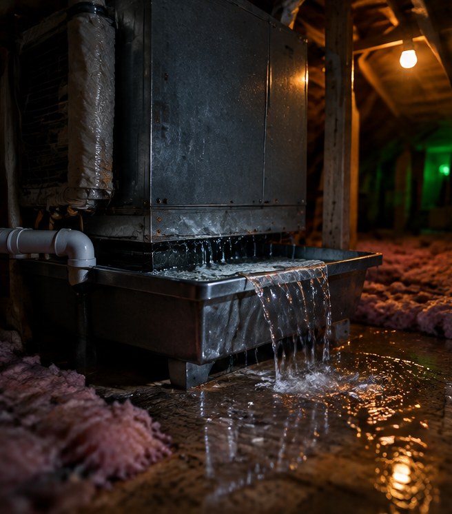 An attic air handler with its drain pan overflowing