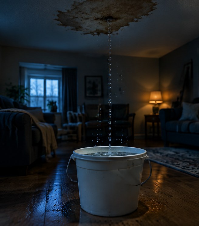 A bucket on a living-room floor catching a drip from the ceiling