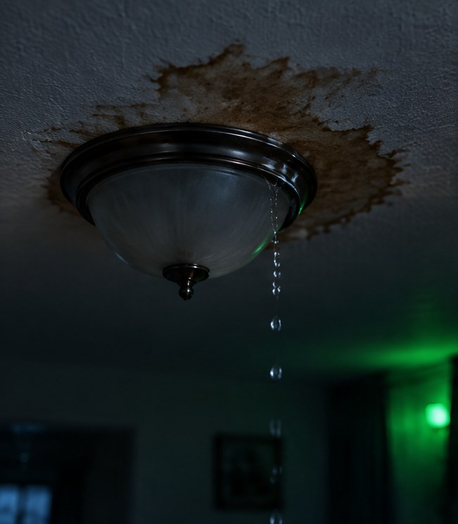 Water dripping from the edge of a ceiling light that is switched off