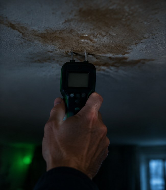 A moisture meter pressed against a stained ceiling