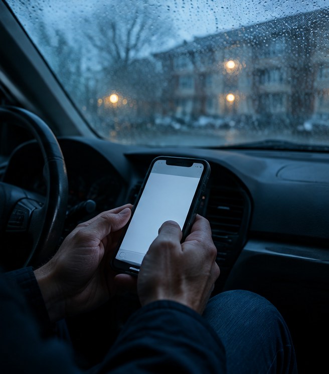 A manager in a parked car on a rainy day, typing a reply on a phone