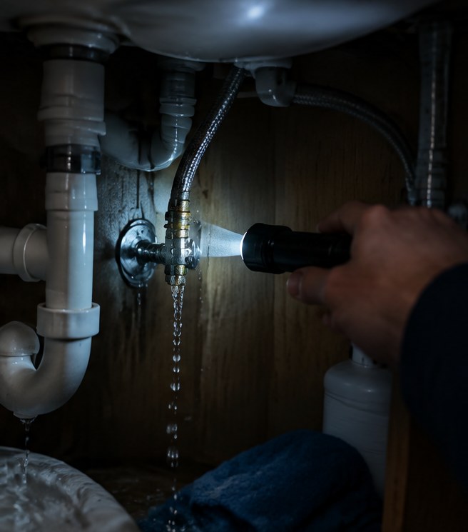 The leaking supply line found under the sink upstairs